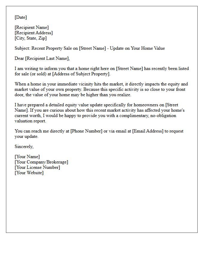 Recent Just Listed Street-Specific Equity Value Update Letter