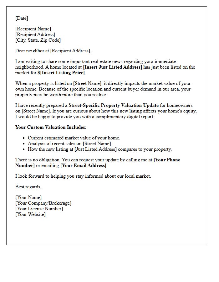 Just Listed Street-Specific Property Valuation Update Letter