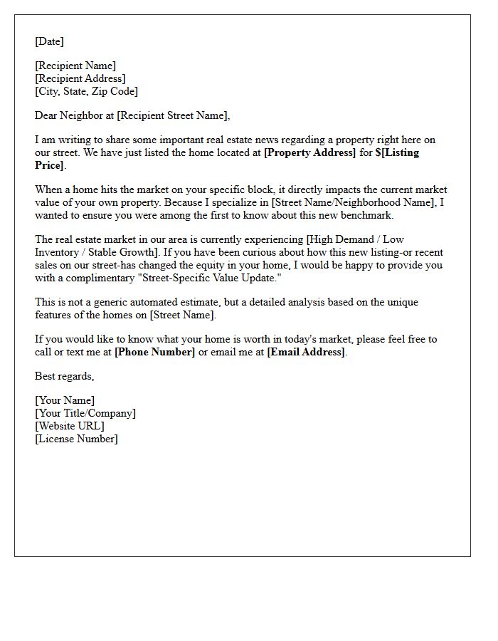 Street-Specific Just Listed Real Estate Value Update Letter