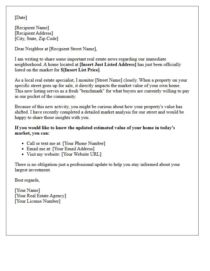 Just Listed Local Street-Specific Property Value Update Letter