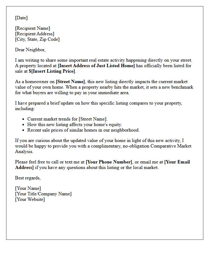 Just Listed Street-Specific Comparative Property Value Update Letter