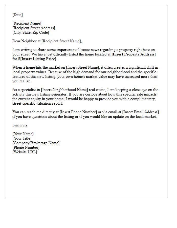 Premier Street-Specific Just Listed Property Value Update Letter