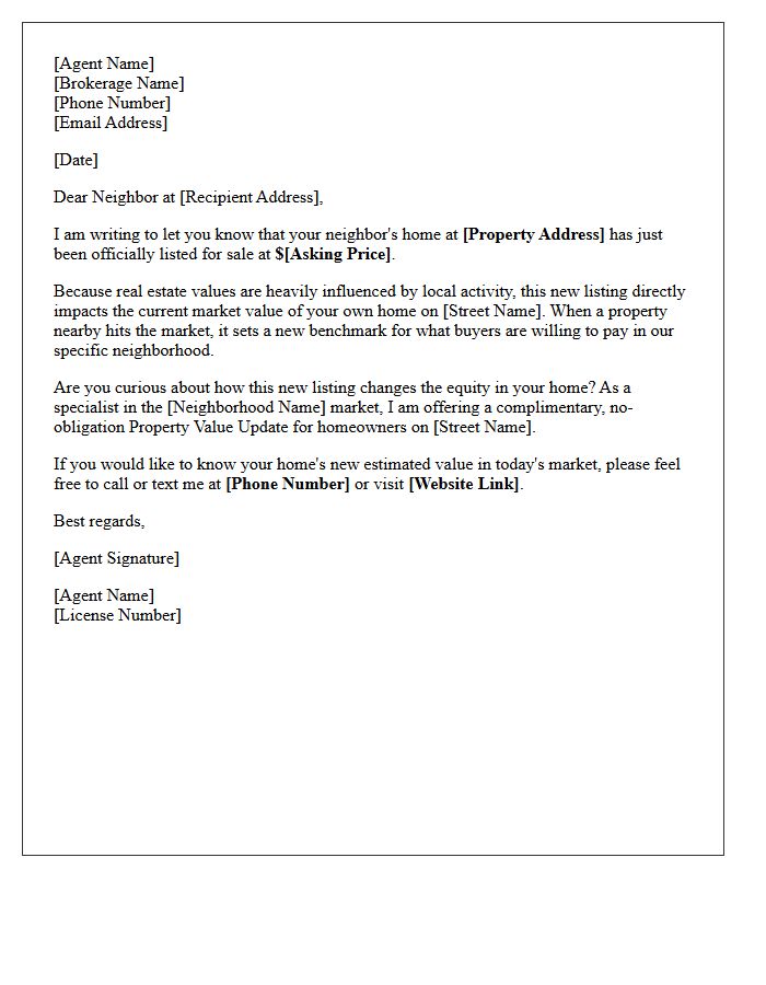 Just Listed Street-Specific Neighbor Property Value Update Letter