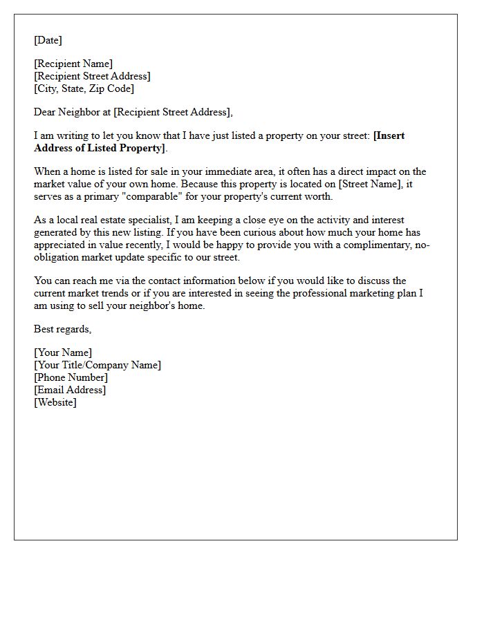 Targeted Street-Specific Just Listed Property Value Update Letter