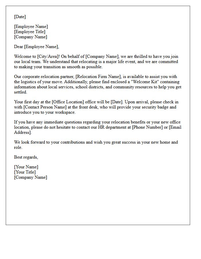 Just Listed Corporate Relocation Welcome Letter