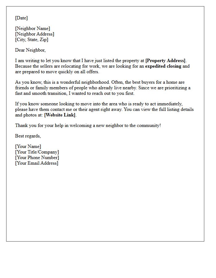 Expedited Closing Just Listed Relocation Letter
