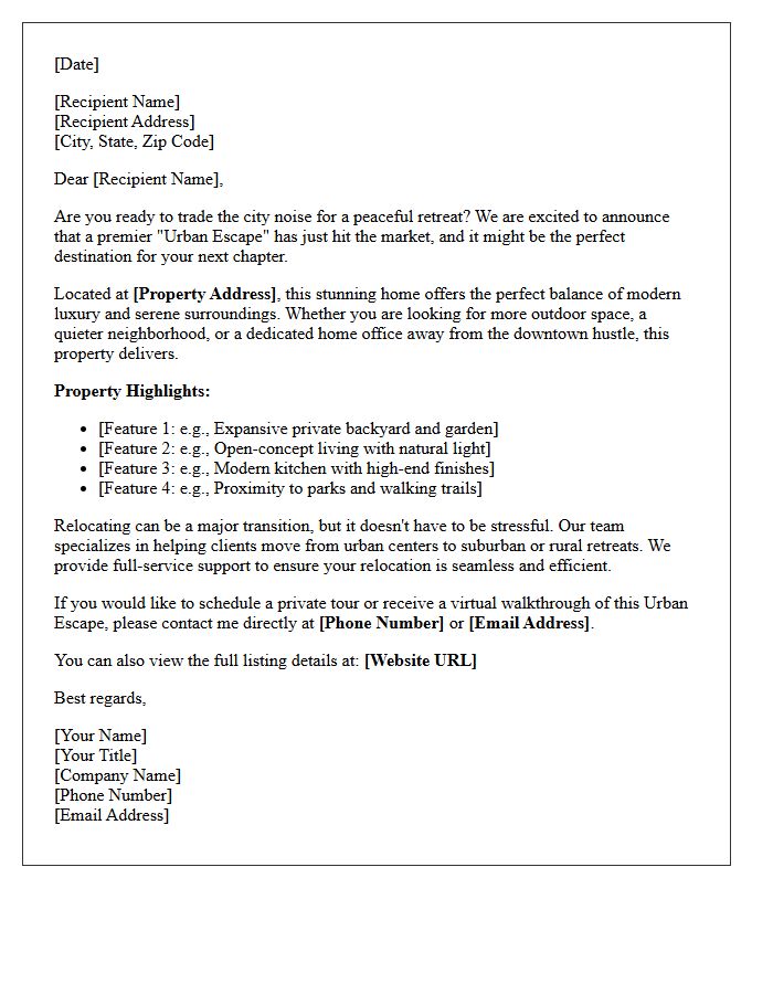 Urban Escape Just Listed Relocation Letter