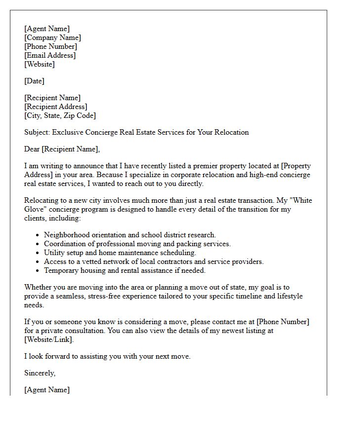 Concierge Service Just Listed Relocation Letter