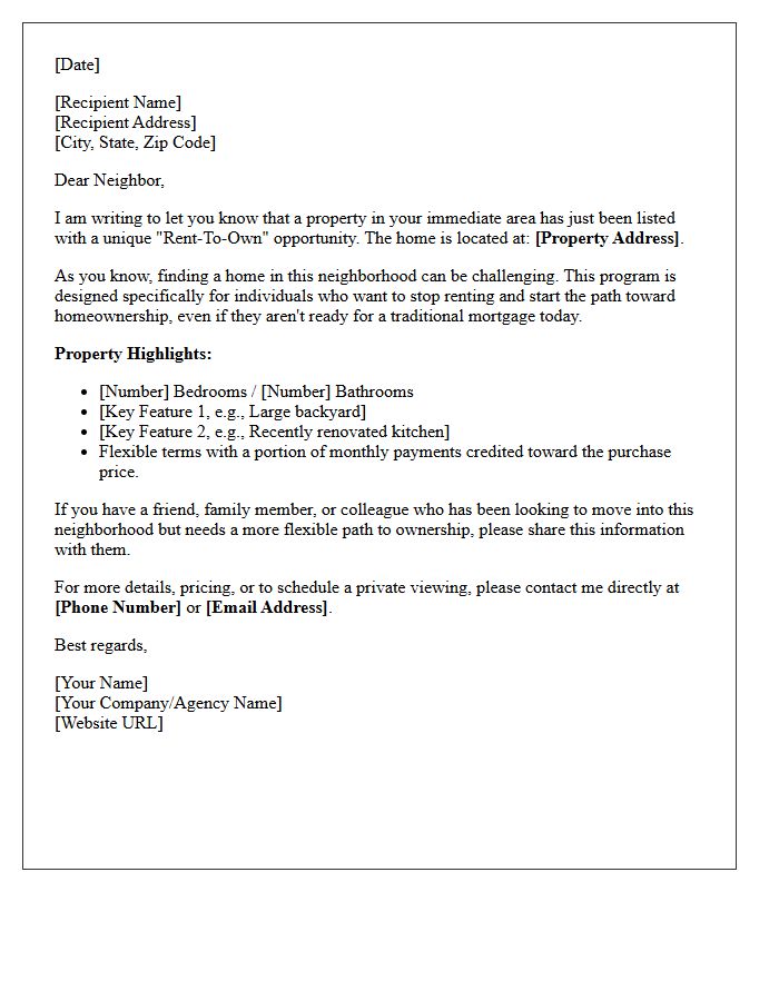 Just Listed Rent-To-Own Neighborhood Opportunity Letter