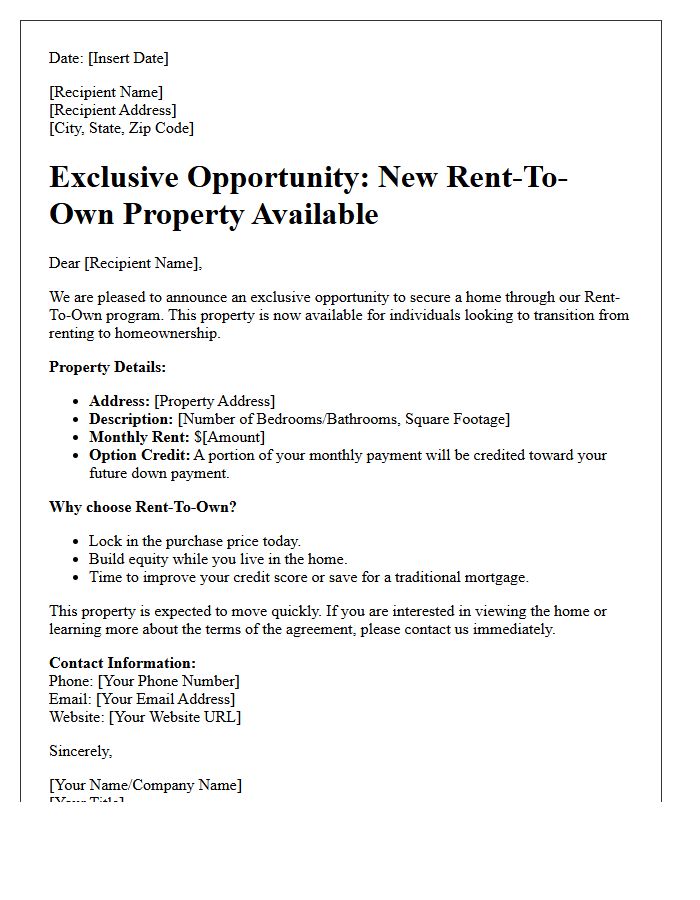 Exclusive Rent-To-Own Property Announcement Letter
