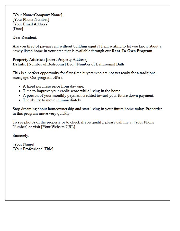 First Time Buyer Rent-To-Own Just Listed Letter