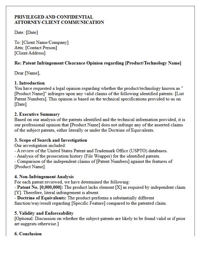 Patent Infringement Clearance Opinion Letter