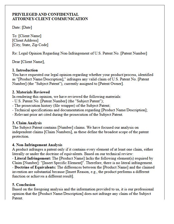 Patent Non-Infringement Opinion Letter