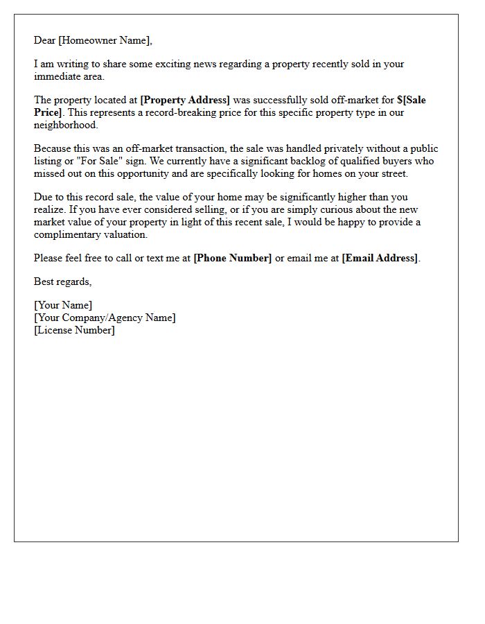 Record Price Off-Market Property Sold Letter