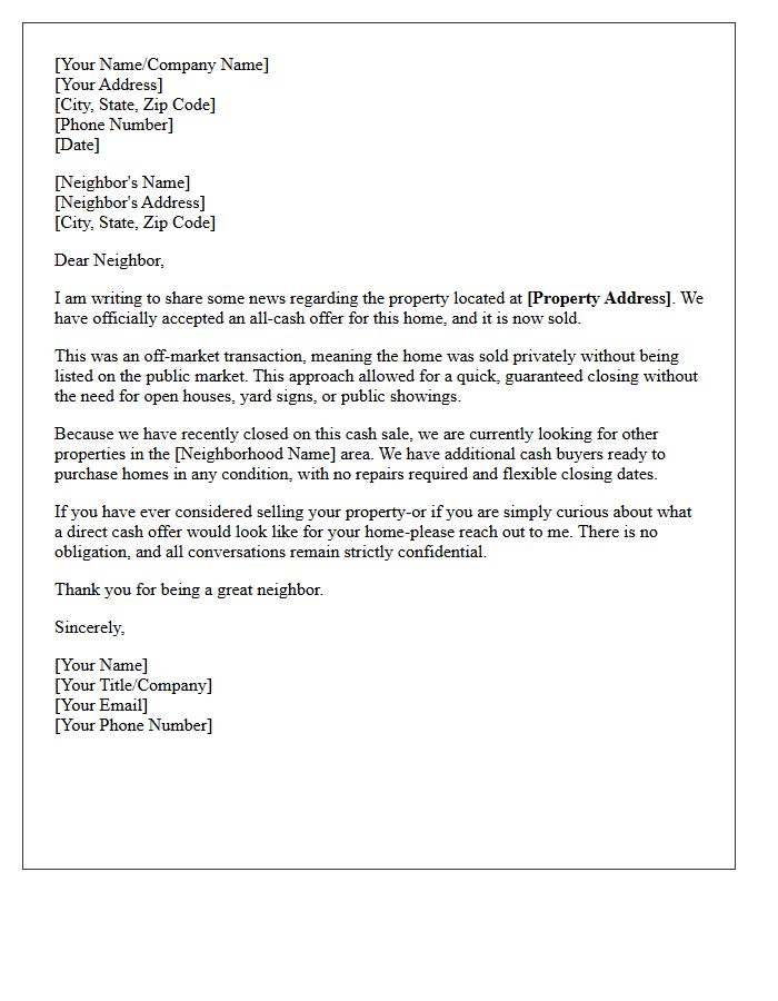 Cash Offer Accepted Off-Market Sold Letter