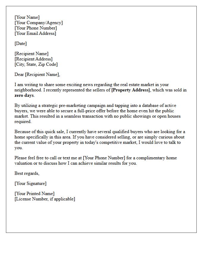 Zero Days on Market Sold Letter