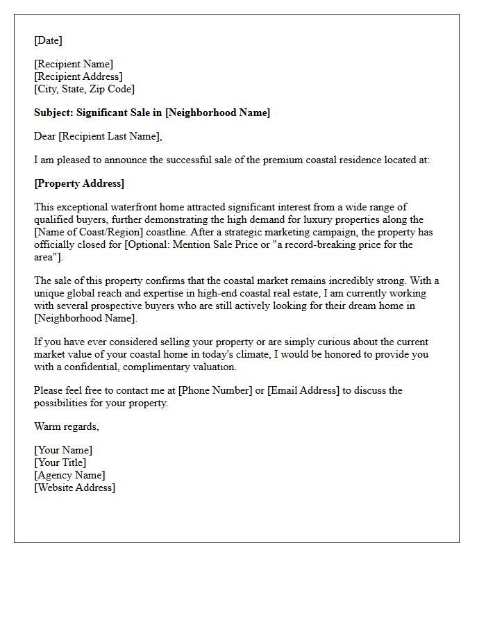 Premium Coastal Property Sold Announcement Letter