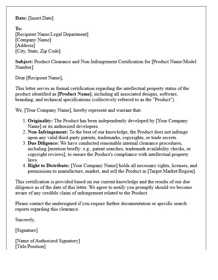 Product Clearance And Non-Infringement Letter