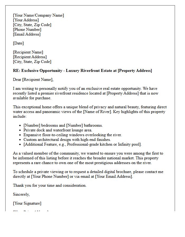 Exclusive Riverfront Home Sale Notification Letter