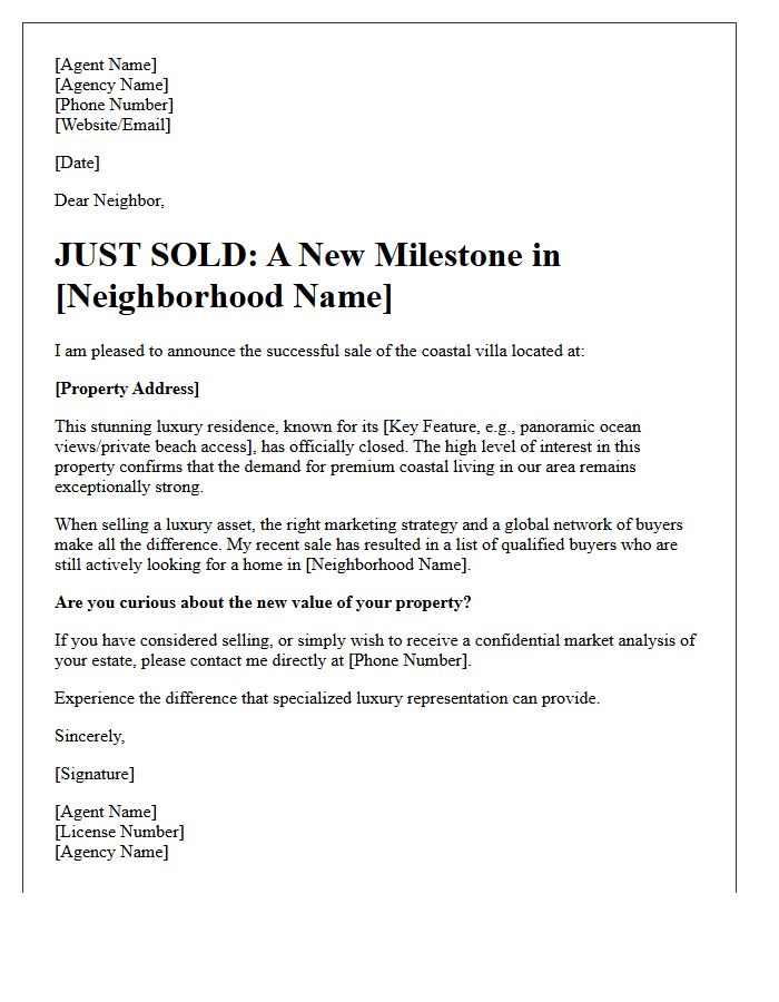 Just Sold Coastal Luxury Villa Letter