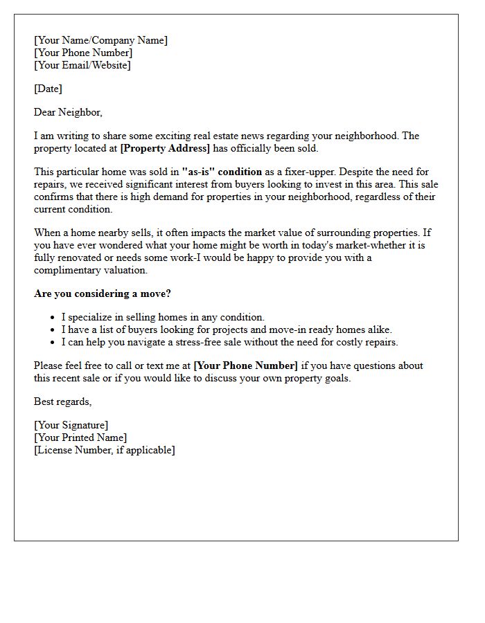 Just Sold As-Is Fixer-Upper Property Letter