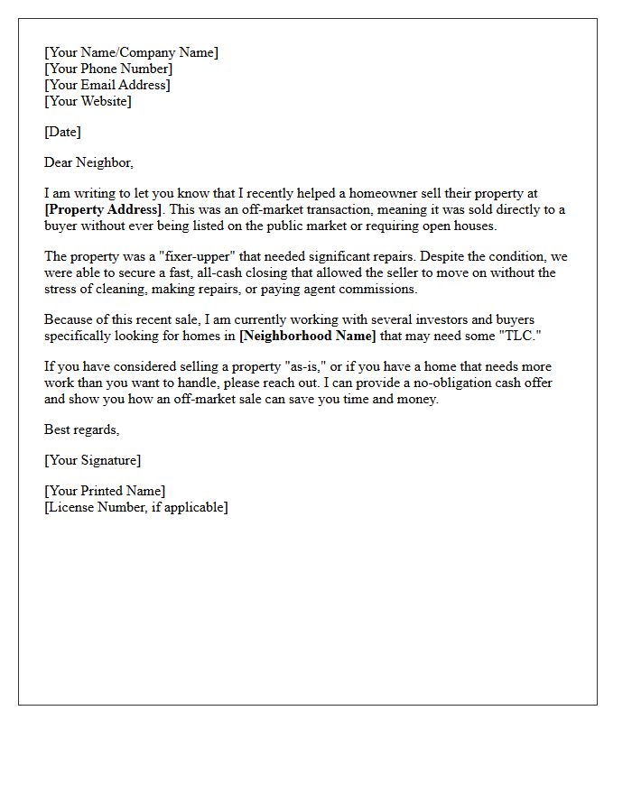 Off-Market Fixer-Upper Property Just Sold Letter