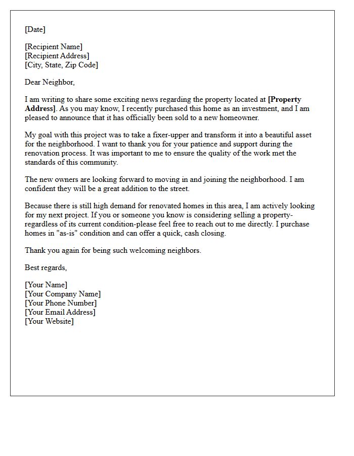 Investor Purchased Fixer-Upper Property Just Sold Letter