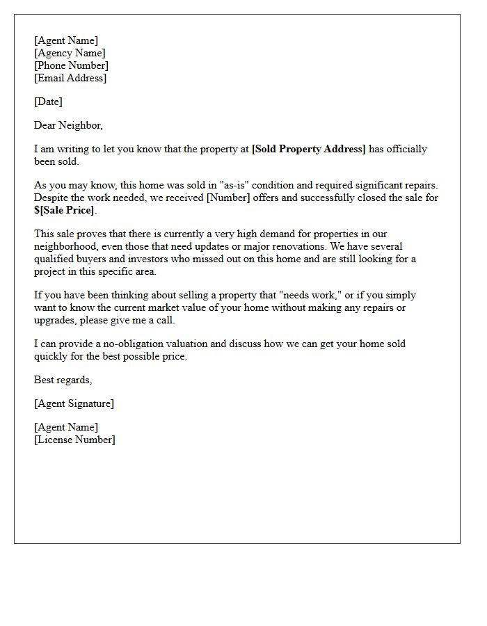 Needs Work Property Just Sold Real Estate Letter