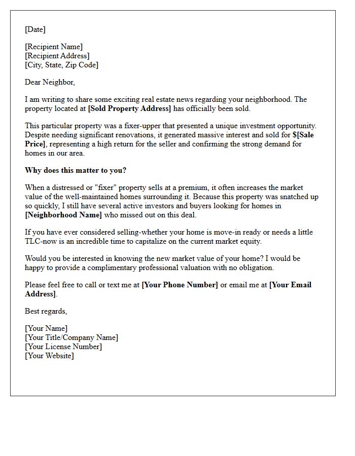 High Return Fixer-Upper Property Just Sold Letter