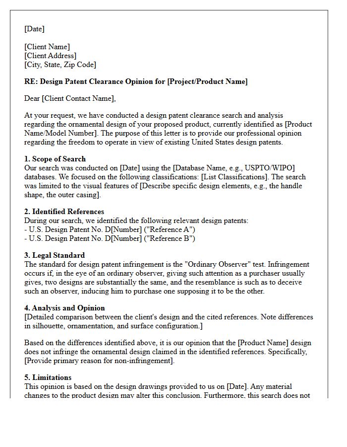 Design Patent Clearance Opinion Letter