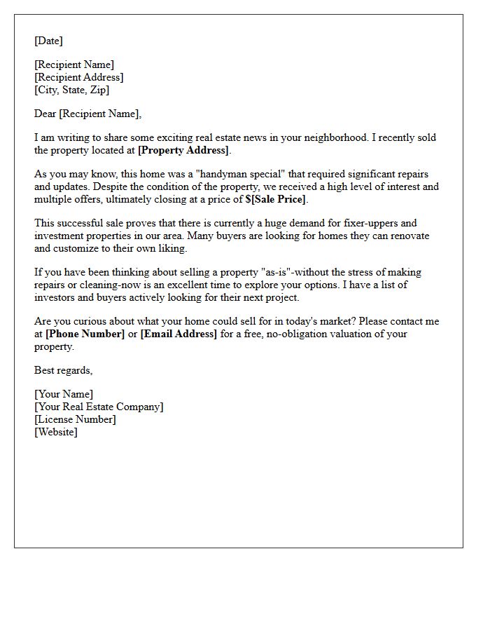 Handyman Special Just Sold Real Estate Letter