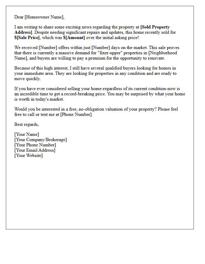 Over Asking Price Fixer-Upper Just Sold Letter