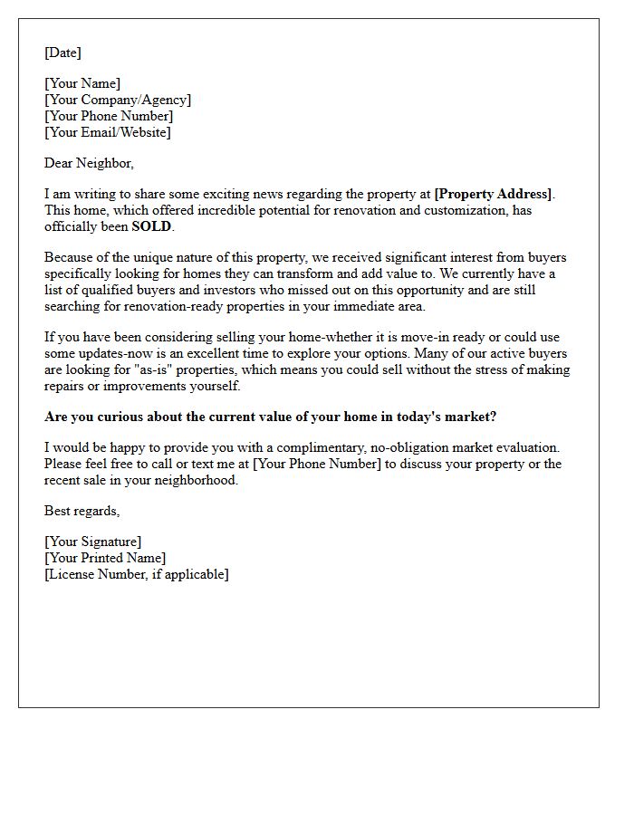 Renovation Ready Property Just Sold Letter