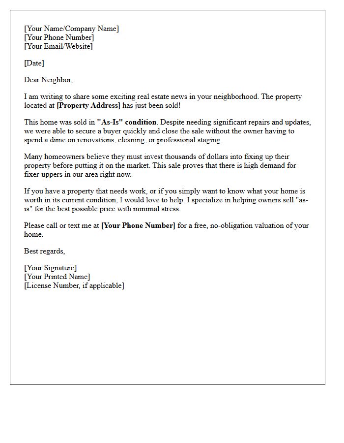Fixer-Upper Just Sold As-Is Condition Letter