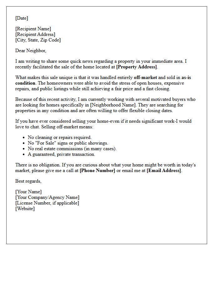 Off-Market Just Sold As-Is Real Estate Letter