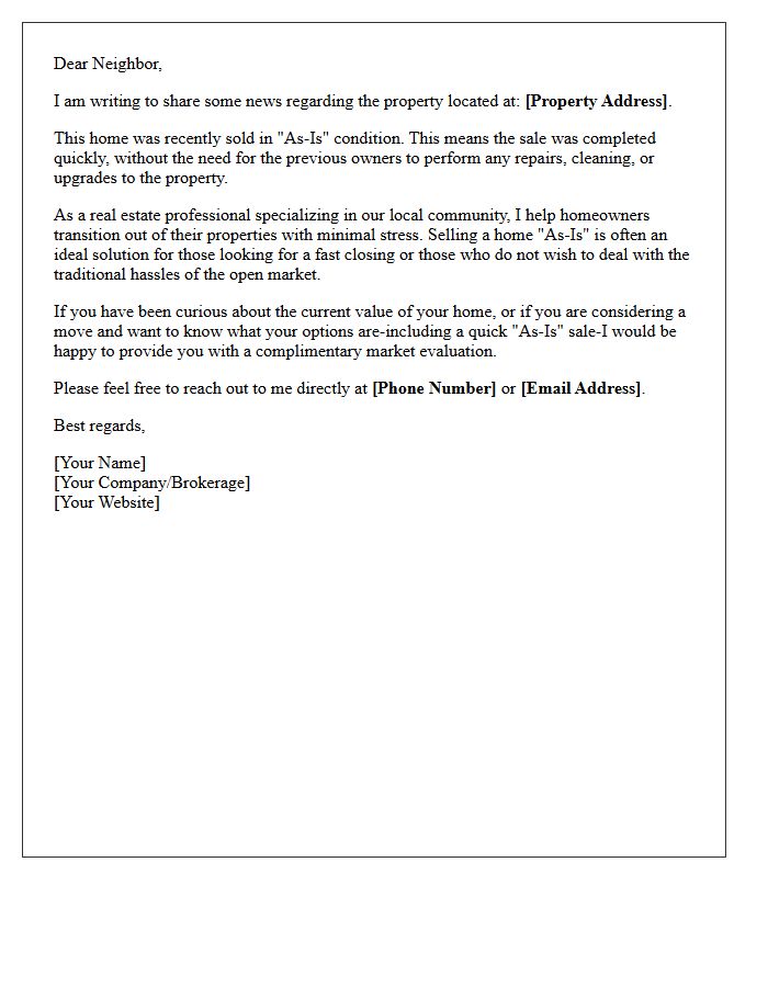 Local Community Just Sold As-Is Home Letter