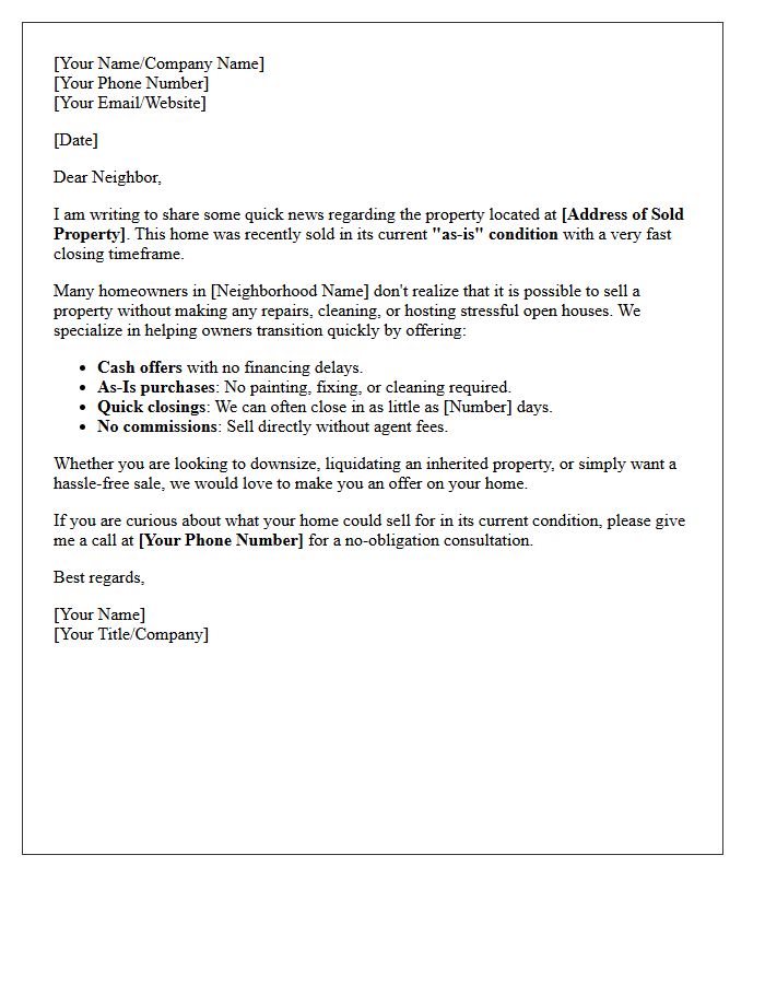 Quick Closing Just Sold As-Is Property Letter