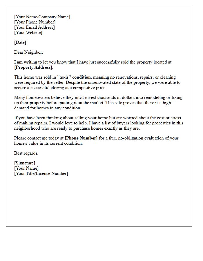 Unrenovated Home Just Sold As-Is Condition Letter