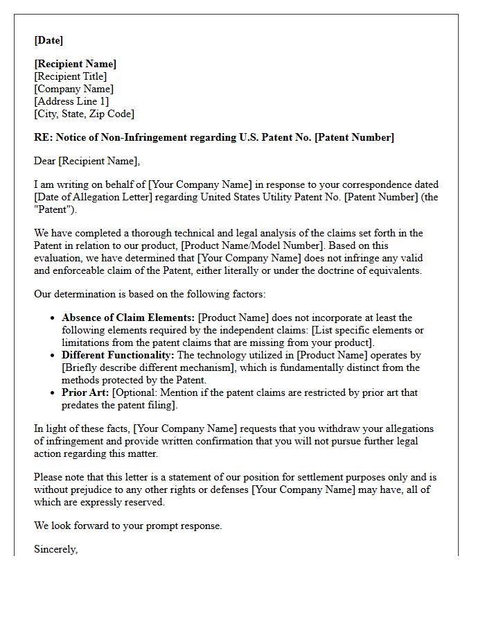 Utility Patent Non-Infringement Letter