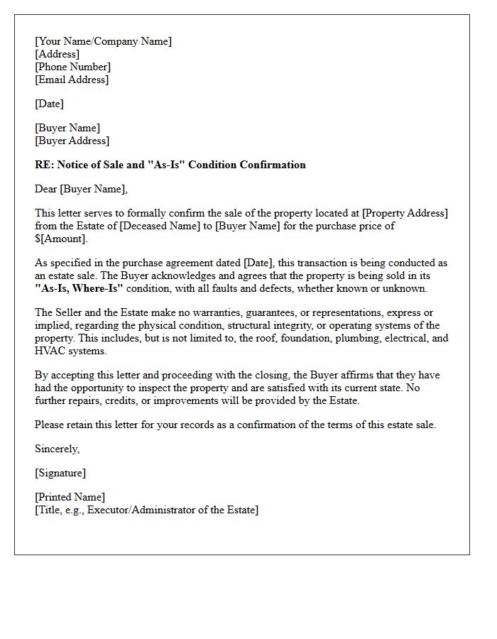 Estate Sale Just Sold As-Is Condition Letter