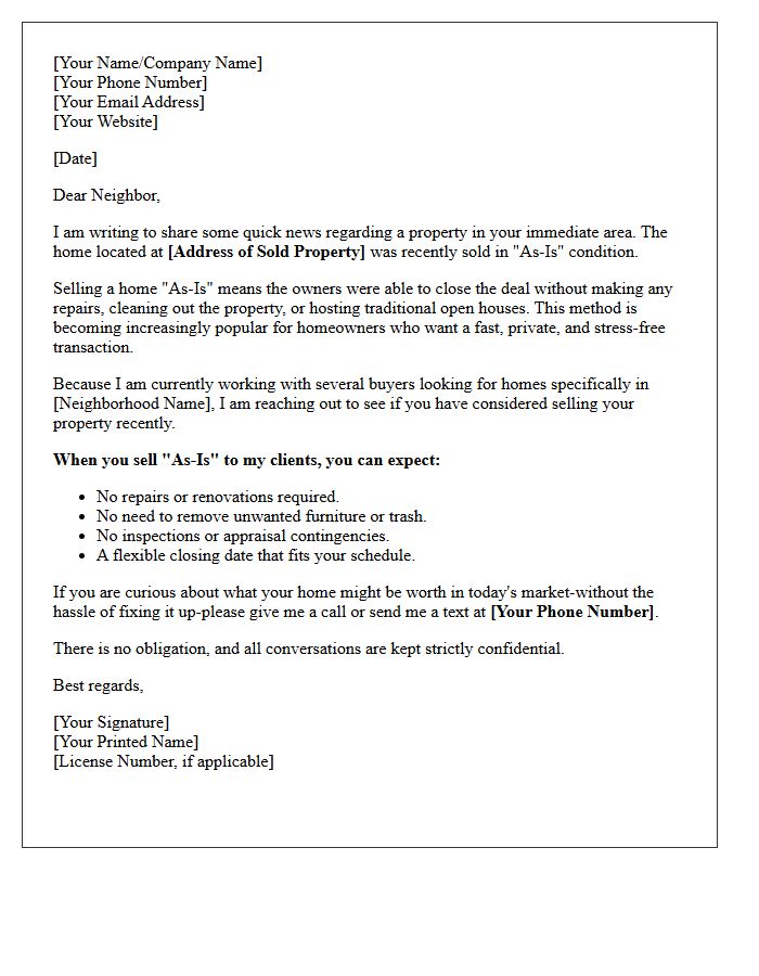 Recent Neighborhood Just Sold As-Is Status Letter