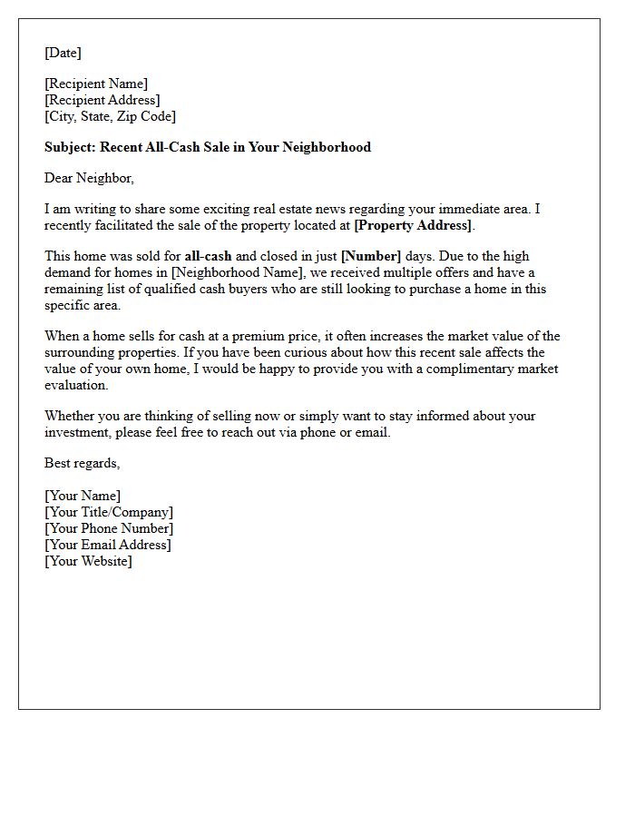 Recent Neighborhood All-Cash Sale Announcement Letter