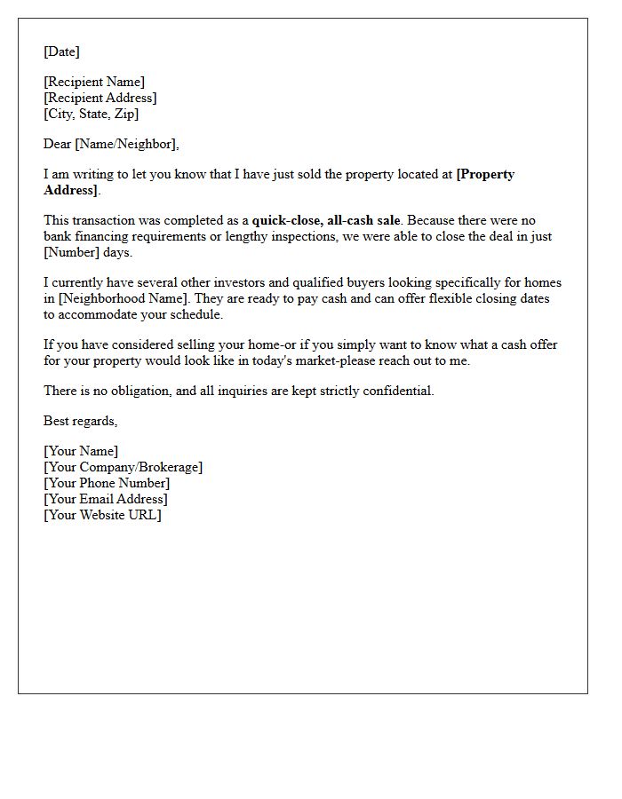 Quick Close All-Cash Just Sold Letter