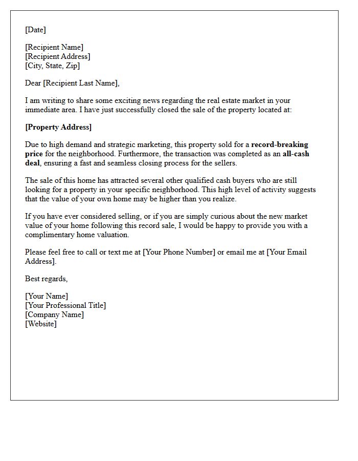 Record Price All-Cash Just Sold Letter