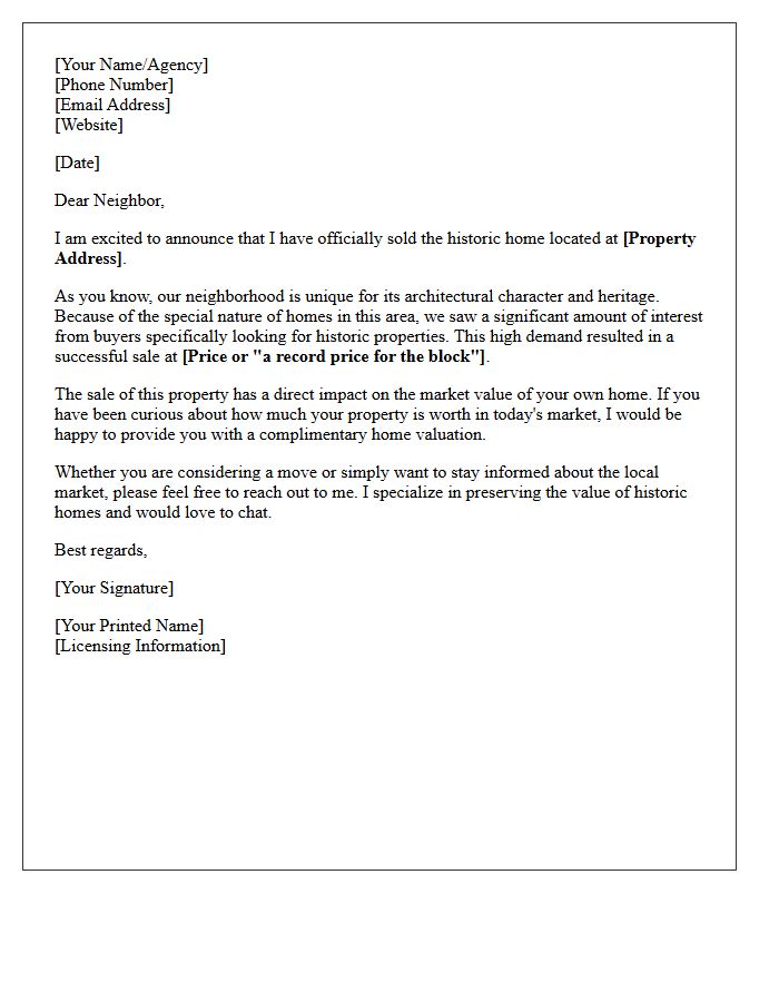 Just Sold Historic Neighborhood Home Letter