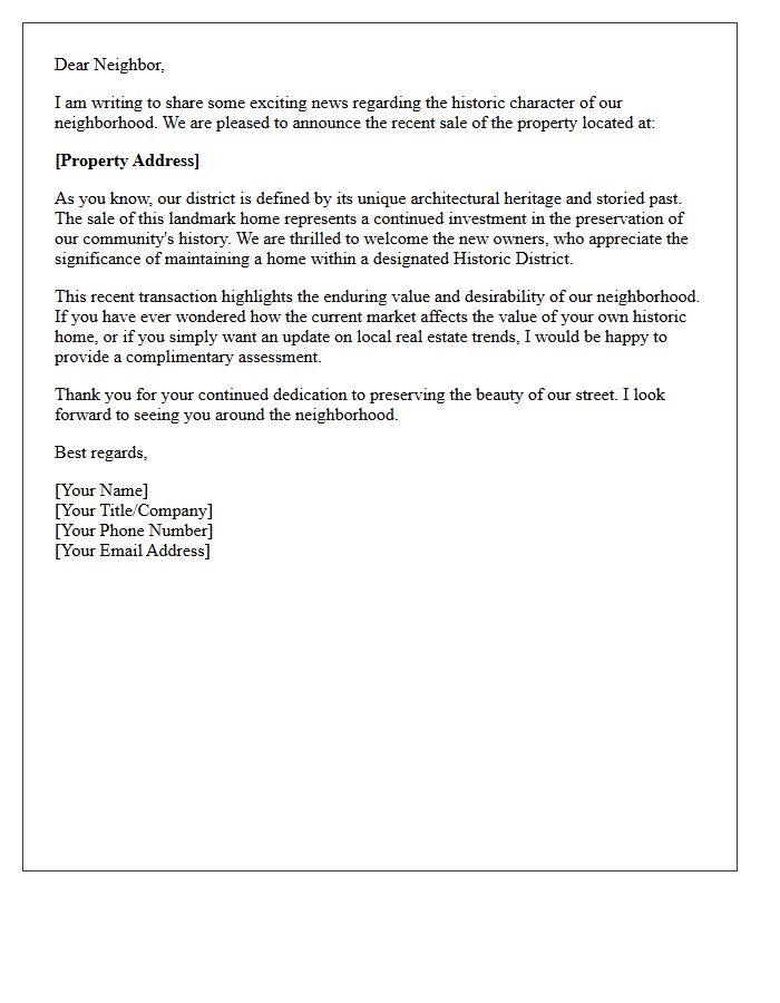 Historic District Recent Sale Announcement Letter