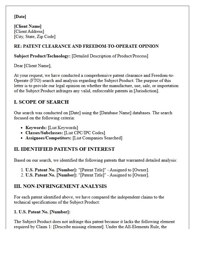 Comprehensive Patent Clearance Opinion Letter