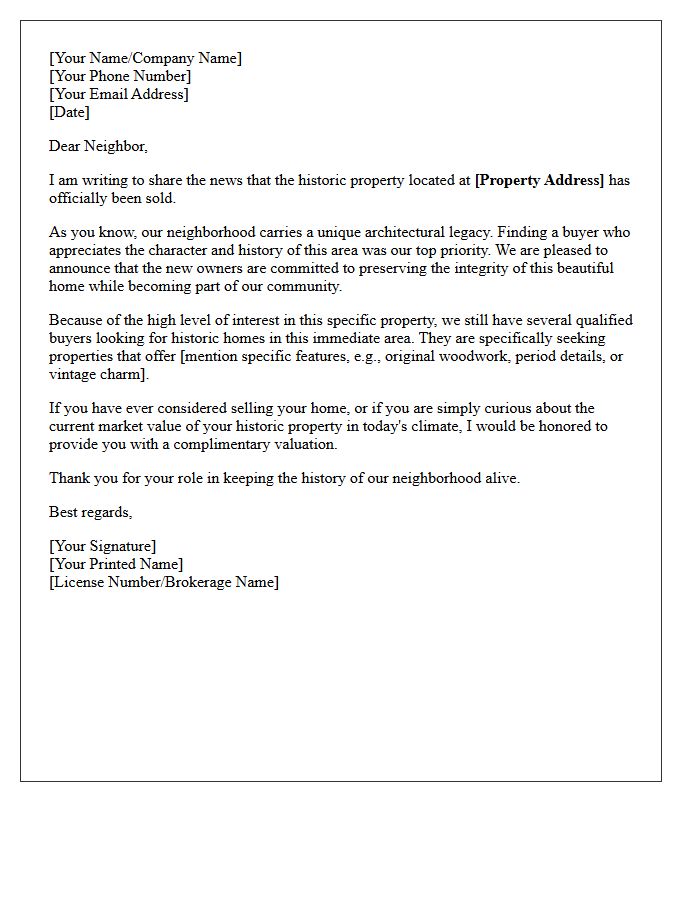 Preserving History Just Sold Property Letter