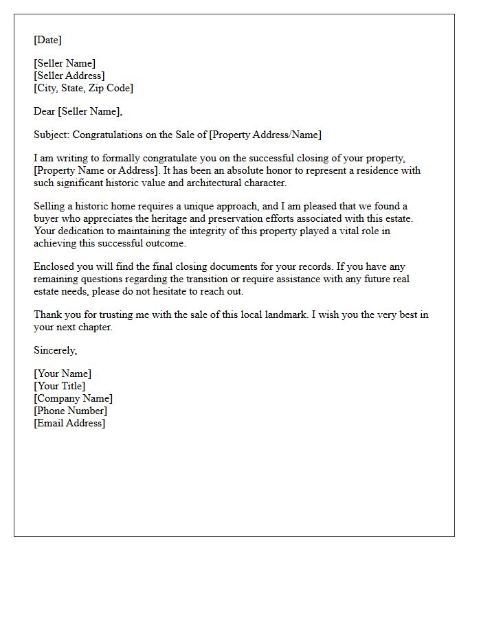 Historic Property Successful Sale Letter
