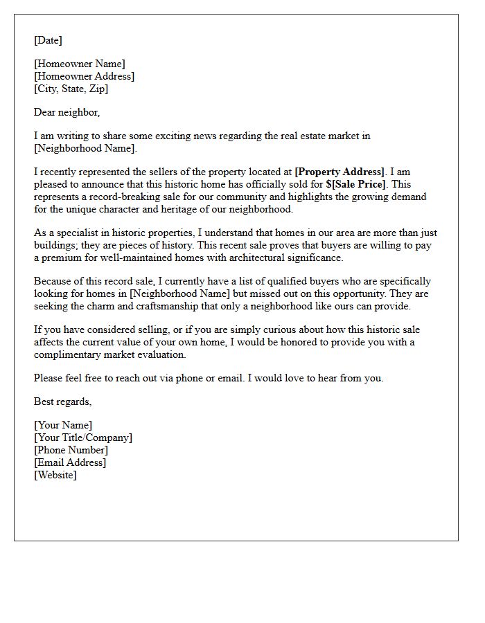 Historic Neighborhood Record Sale Letter